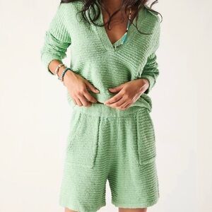 Free People Green Knit V-Neck Sweater and Shorts Carter Set